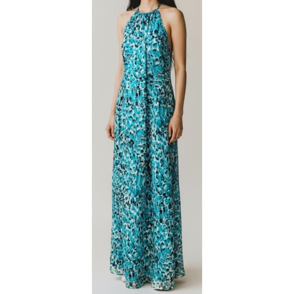 Ann Taylor Size 6 Blue, Black & White Animal Print Halter Neckline Silk Dress